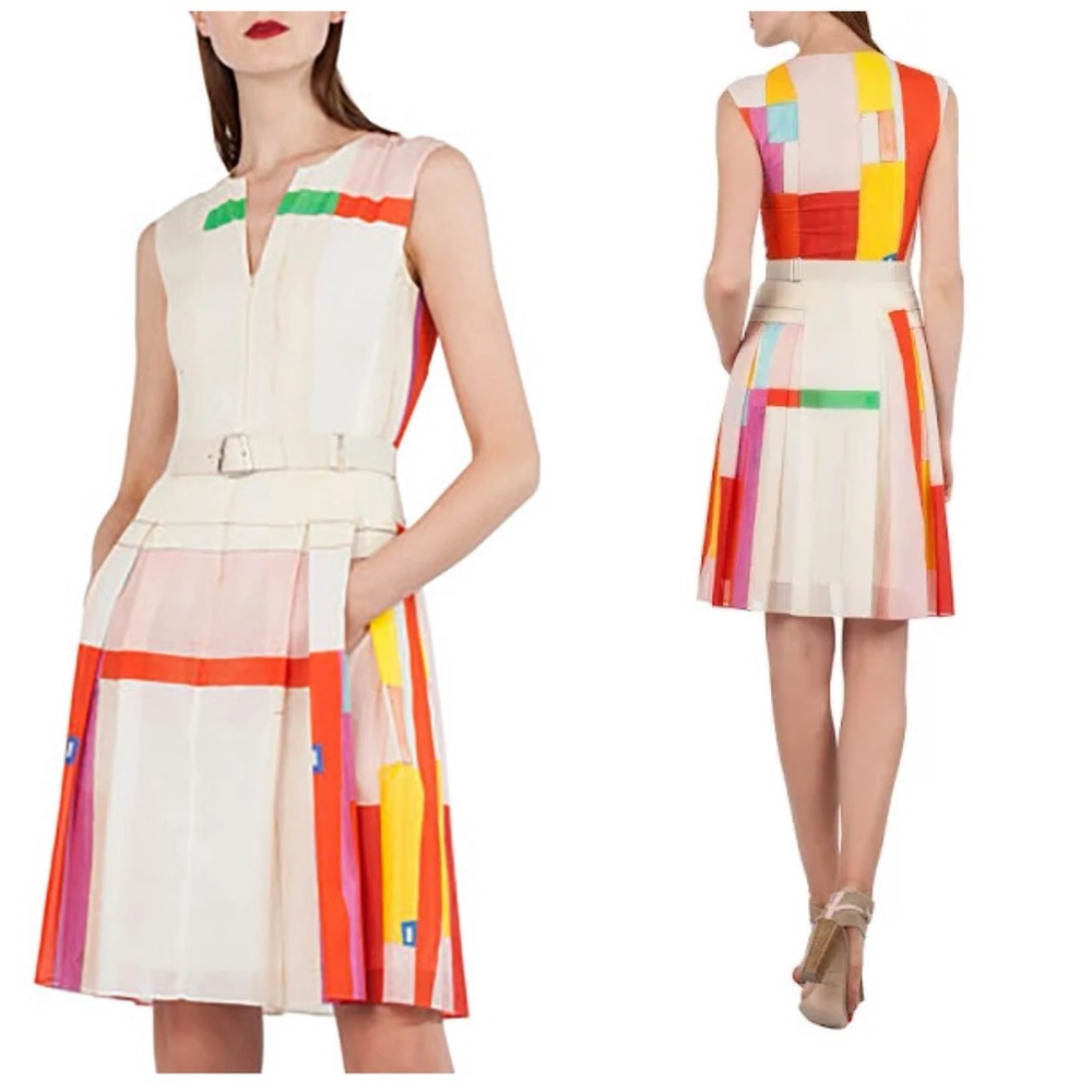 Akris Punto Cream Midi Dress with Red, Orange, Yellow & Green Block Stripes